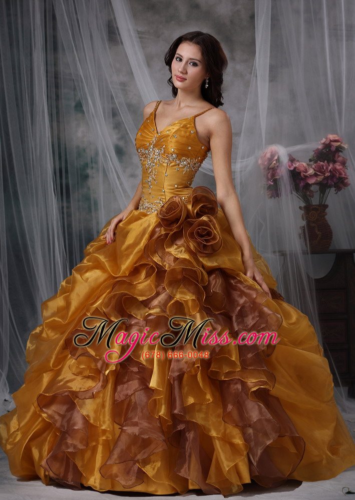 wholesale brown ball gown straps floor-length organza beading quinceanera dress